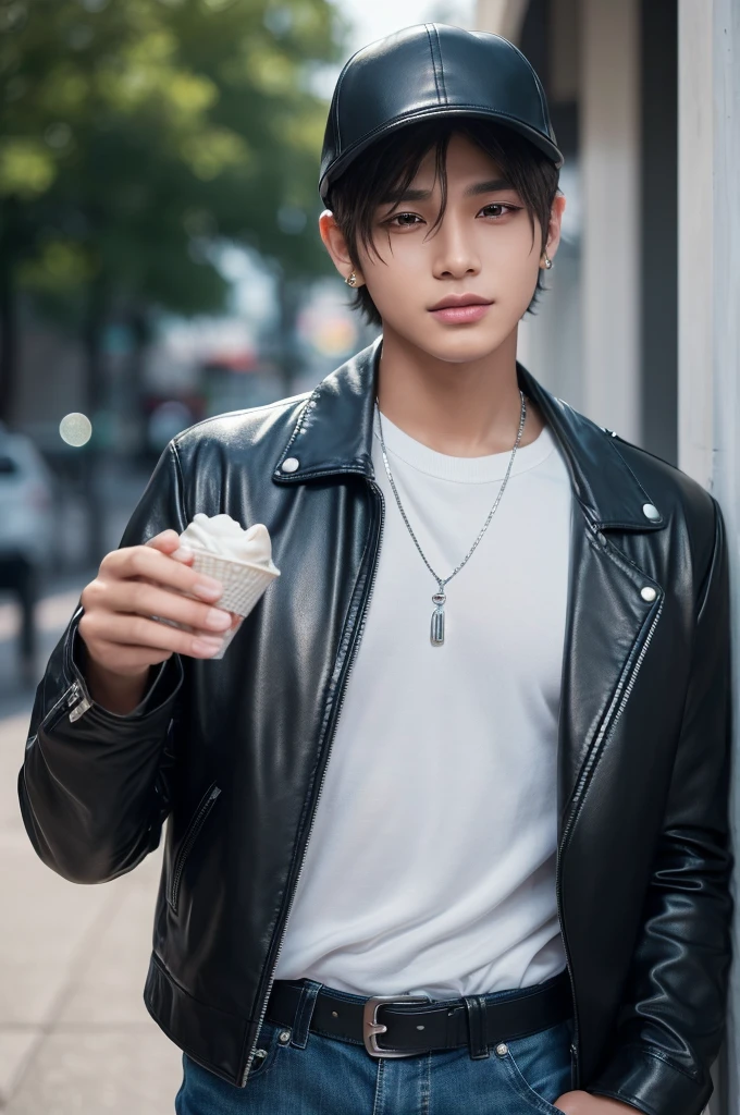 Handsome young man wearing a leather jacket, wearing a cap, with silver hair, holding ice cream, silver messy hair, handsome, (8k, RAW photo, photorealistic:1.25) ,( lipgloss, eyelashes, man, gloss-face, glossy skin, dark skin, dark snik, male, best quality, ultra highres, young man, depth of field, chromatic aberration, caustics, Broad lighting, natural shading,Kpop idol) looking at viewer with a serene and god-like happiness,