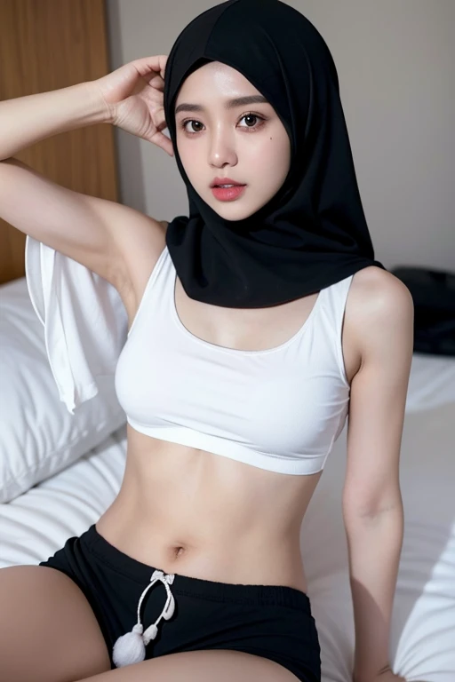 a girl wearing black hijab at home.. wearing white oversize crop top.. ... wearing g string underwear only.. no pants.. she was lie on bed.. her hands above her head.. soft stomach.. less lighting
