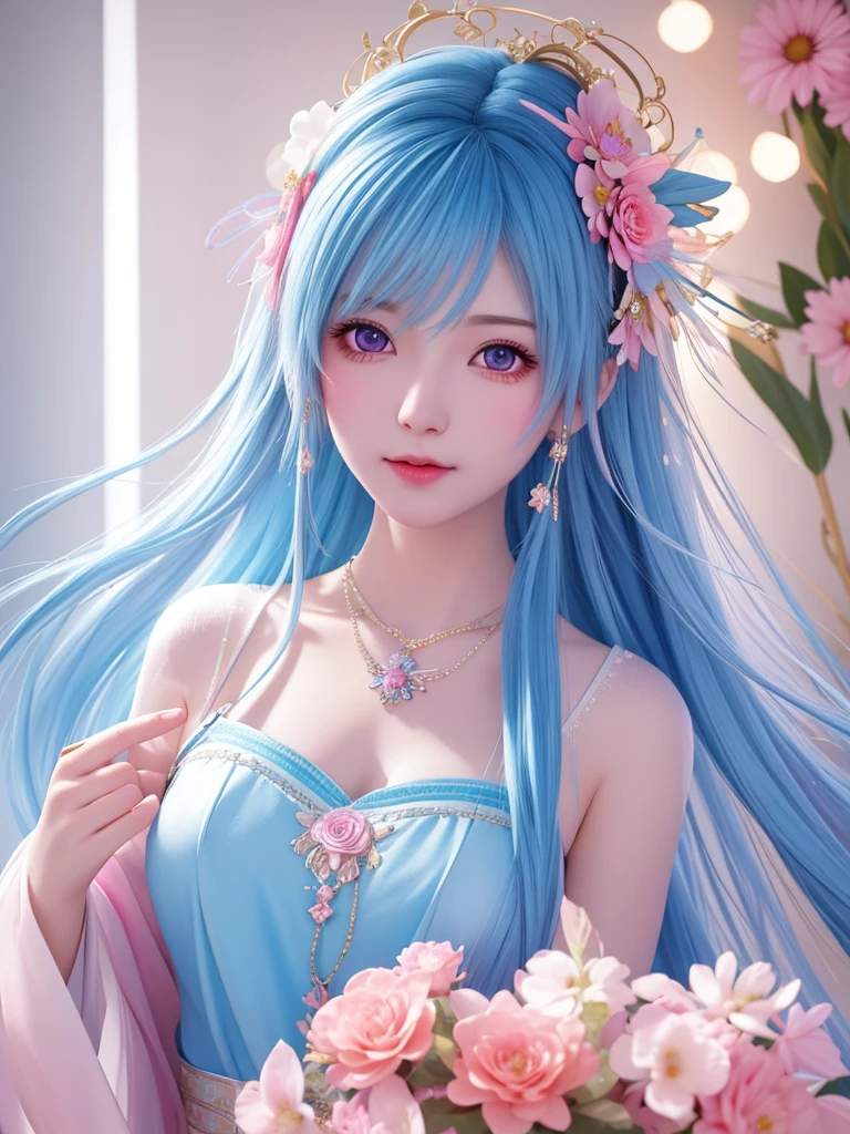 best quality, masterpiece, High target, There is a girl with a basket of flowers on her head, beautiful clothes, Hair Decorationss, necklace, Decorations, Pretty Face, When the body, Tyndall effect, Realistic Portraits, Edge lighting, Two-color light, (Very delicate skin:1.2), 8K uhd, Digital SLR Camera, Soft Light, high quality, Volumetric Lighting, Honest, photo, high resolution, 4K, 8K, Bokeh, Blue hair,pink hair tips, Pink Eyes.