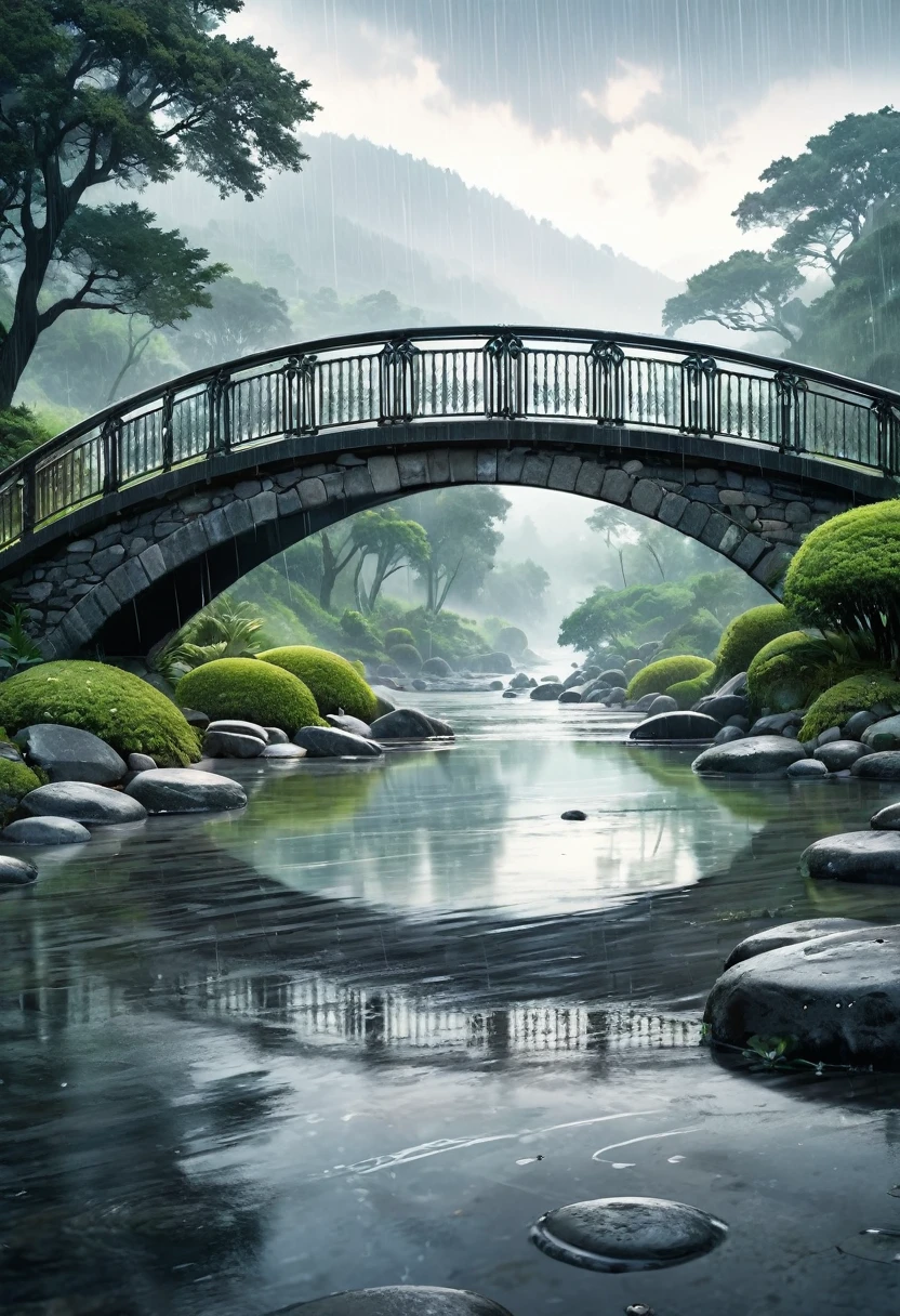 A touching scene on a picturesque bridge during a rainy day, The bridge, made of old stone with ornate railings, stretches over a calm river, with raindrops creating ripples on the water's surface. The background showcases a misty, lush landscape with trees and distant hills, adding a romantic and serene ambiance to the scene. The overall mood is one of care, compassion, and serene beauty, (heavy rain)