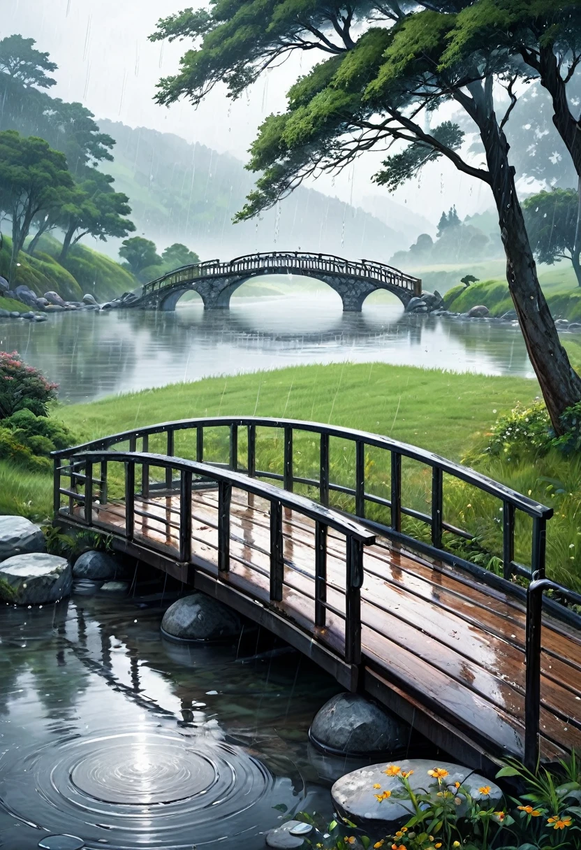 A touching scene on a picturesque bridge during a rainy day, The bridge, made of old stone with ornate railings, stretches over a calm river, with raindrops creating ripples on the water's surface. The background showcases a misty, lush landscape with trees and distant hills, adding a romantic and serene ambiance to the scene. The overall mood is one of care, compassion, and serene beauty, (heavy rain)