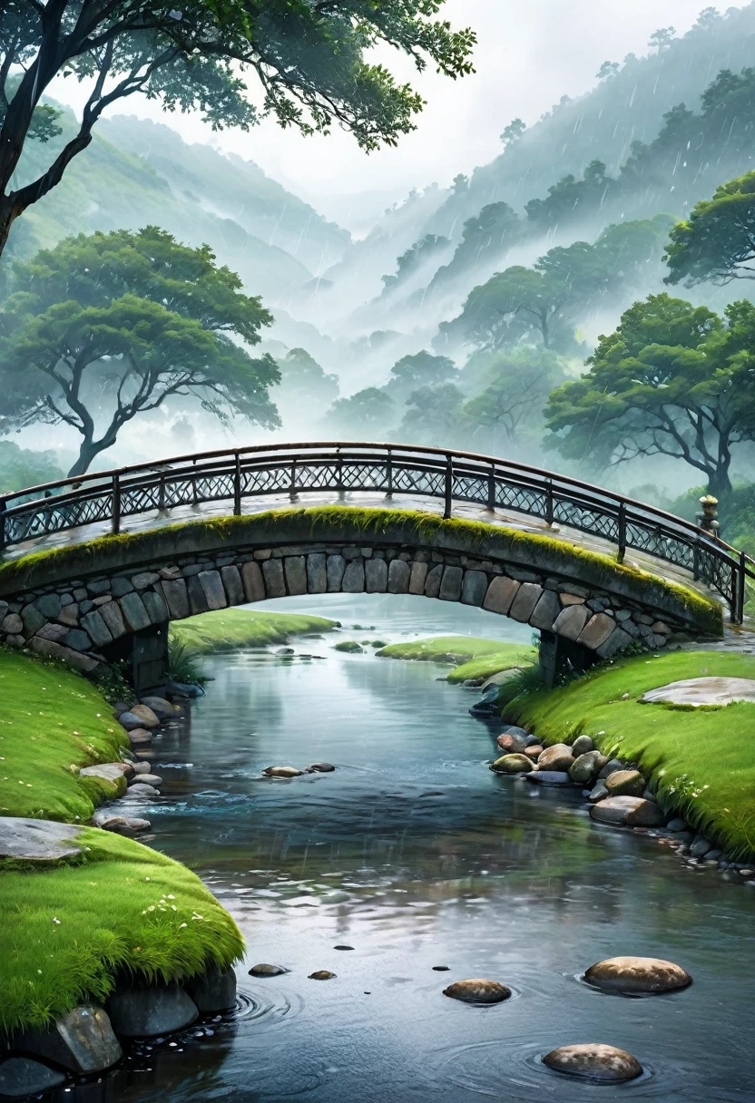 A touching scene on a picturesque bridge during a rainy day, The bridge, made of old stone with ornate railings, stretches over a calm river, with raindrops creating ripples on the water's surface. The background showcases a misty, lush landscape with trees and distant hills, adding a romantic and serene ambiance to the scene. The overall mood is one of care, compassion, and serene beauty, (heavy rain)