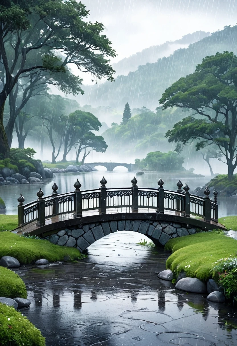 A touching scene on a picturesque bridge during a rainy day, The bridge, made of old stone with ornate railings, stretches over a calm river, with raindrops creating ripples on the water's surface. The background showcases a misty, lush landscape with trees and distant hills, adding a romantic and serene ambiance to the scene. The overall mood is one of care, compassion, and serene beauty, (heavy rain)