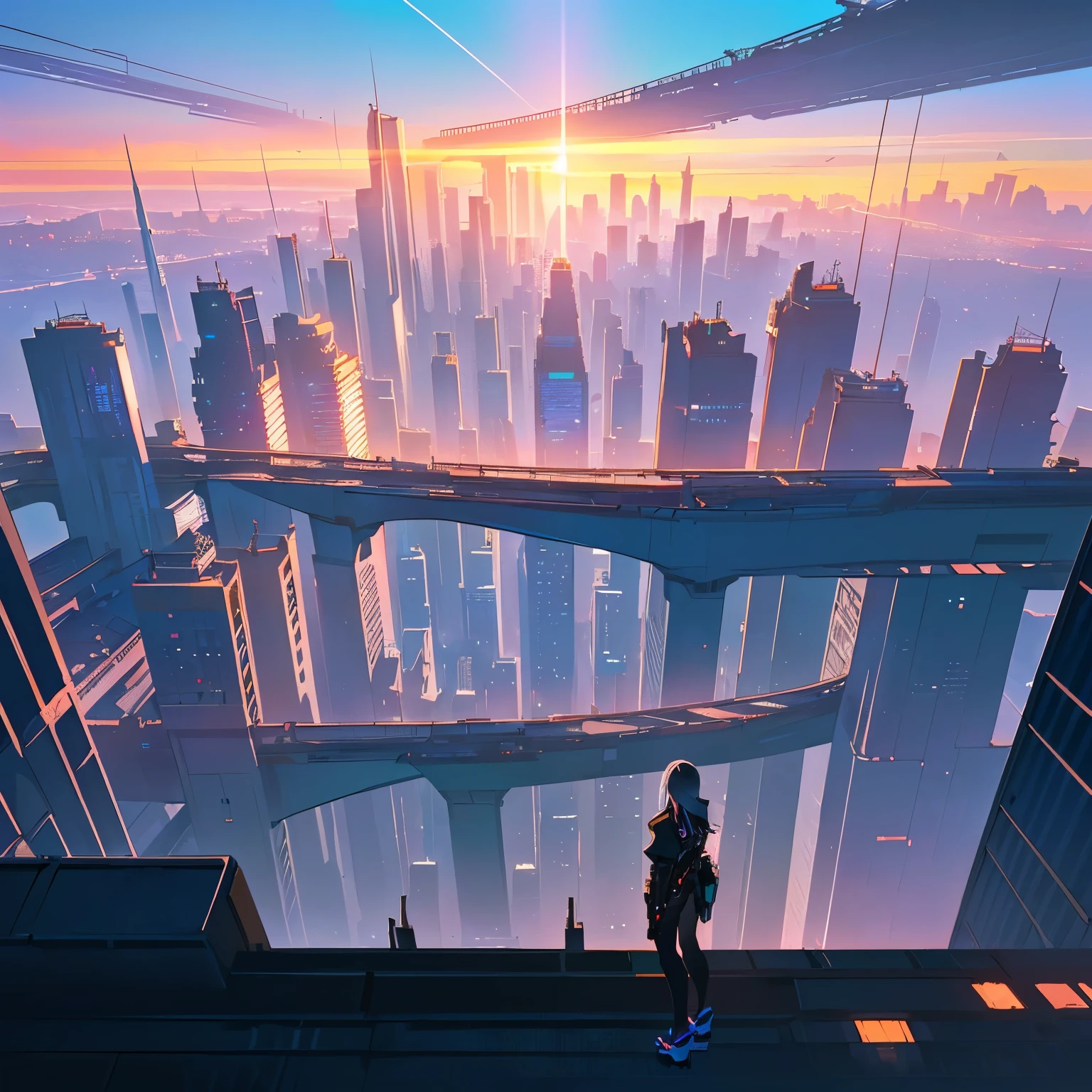 author:Shinkai sincerely, Top view,Sky Bridge, viaduct,, futuristic City background, Sunset,Urban concept art, City background, Anime style cityscape, Futuristic numbers, City as background, Stylized urban fantasy artwork, Reasonable light and shadow,Ultra-high fineness,Background cyberpunk city, Background artwork, Cityscape ruins in the distance