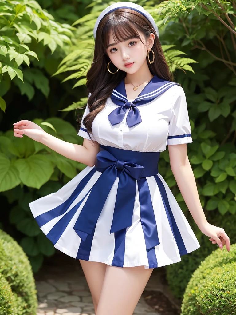 Beautiful woman、cute、Plump body、Big Tits、Earrings、Are standing、Ribbon in hair、Super mini skirt short sleeve sailor uniform、Ribbon on chest、garden、(Shiny skin:1.3)、From the thigh up