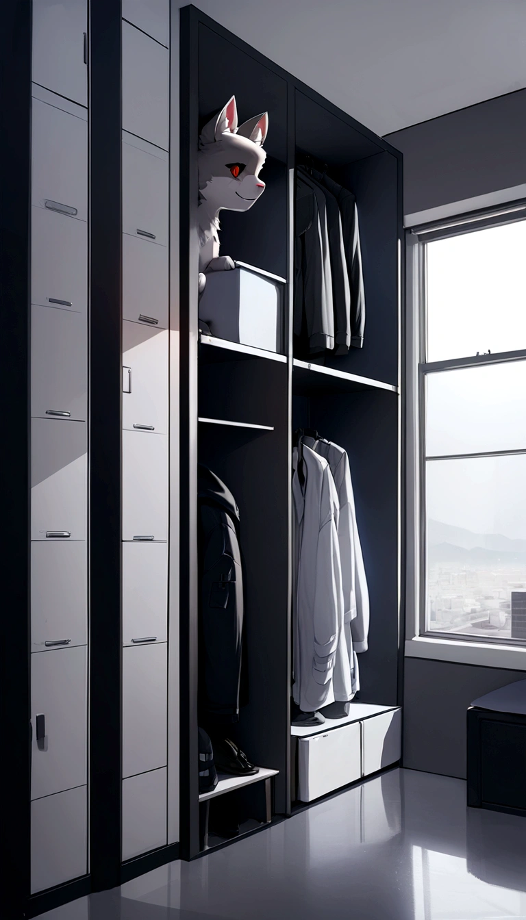 ARTISTS bedroom background:, furry artists, - fluff-kevlar, - Zackary911, - Removal, - Kilinah, - fluff-kevlar, TYPE OF WORK:, - masterpiece, - hyperrealistic work, - Best Quality, BACKGROUND:, - hour: Sunrise Location: A gray room with a long blue line on one of the walls, Two beds with parallel black sheets and attached to the walls of the room, in the center two black cabinets with labels.