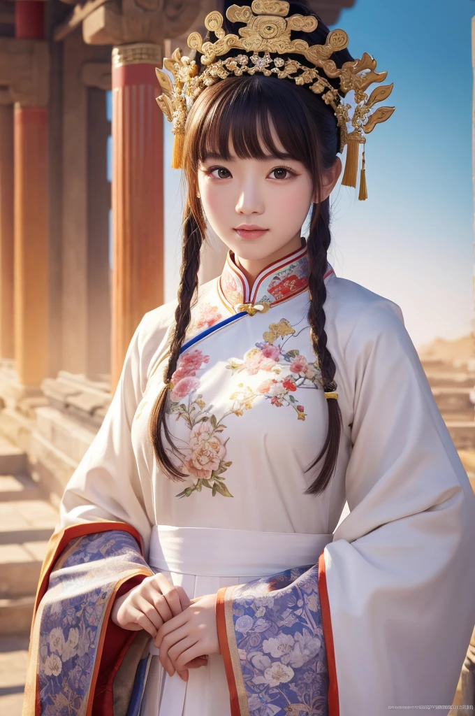 girl, ancient chinese costume, whole body, sunlight, Clear Face, Clean white background, masterpiece, Super detailed, A magnificent composition, Ultra HD, high quality, Very detailed, Official Art, Uniform 8k wallpaper, Super detailed, 32k