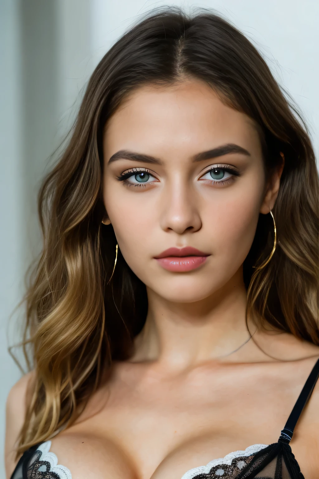 beautiful french girl, 18 years old, sad face, (long wavy blonde hair), ((light blue eyes)), (white lingerie), ((busty)), , (((supermodel face))), slim, (shot of face and breast),arm up, thin pointy nose, wide lips, thin face, big eyes, (((black makeup eyes mascara ))), high-res, masterpiece, best quality, intricate details, highly detailed, sharp focus, kodak vision color, extremely detailed,realistic, max detail, roughness, real life, ultra realistic, photorealism, photography, 8k uhd, photography,
