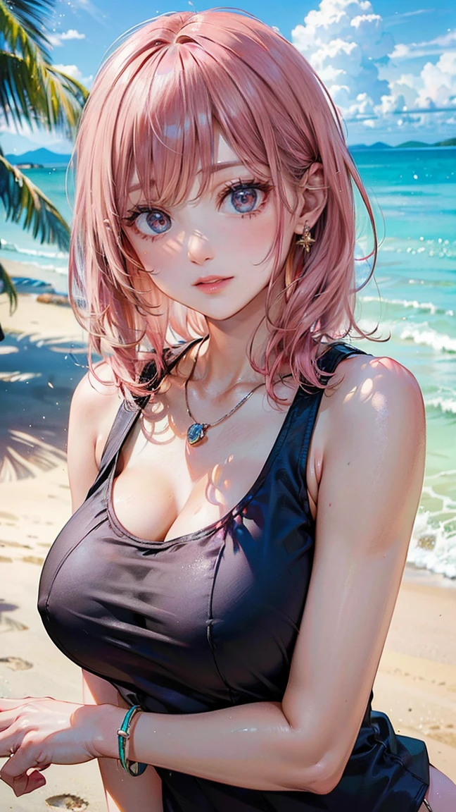 (Masterpiece, BestQuality:1.3), (ultra detailed:1.2), (hyperrealistic:1.3), (RAW photo:1.2), High detail RAW color photo, professional photograph, (Photorealistic:1.4), (realistic:1.4), professional lighting, perfect anatomy, (Big Breasts:1.2), (blush, detailed face), (cheerful Smile:1.5), Trending Hair&Trending Hairカラーをランダムに, earrings, necklace, bracelet, sexly, erotic sexly, Random sexy gravure poses, (A beautiful woman with pink hair wearing a pink tank top、Smiling and posing sexy on a tropical beach in summer。:1.3)