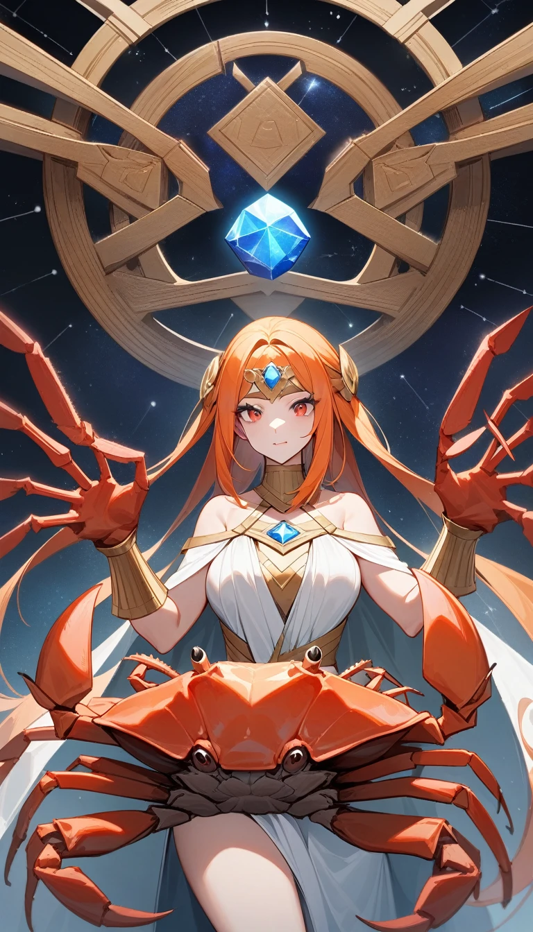 (Huang Li、high quality、Extremely detailed),Constellation-Cancer Goddess,Huge crabs,Woman stroking crab,Similar to Latin goodness,brave,capricious,Productivity,The face of enterprising and humanitarianism,Long orange hair,Ancient Greek costumes、Wrap Dress,The background is the universe,Crystal red eyes(Eyes Details),Powerful appearance