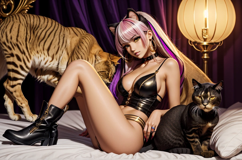 On the cosy bed there female lioness laying in seductive pose, she have ebony colour skin beautiful yellow cat eyes dark gold eyeshadows make up, ring style earrings, her hair is purple with pink highlights . she dressed in white neather topic with golden parts on countures also short and white leather straps on her cat legs instead of boots, her hands have hude ruby claws on her fingers, (ultra high quality fantasy art, anime fantasy style, masterpiece, ultra high quality character design, 8k quality anime art, realistic anime art, top quality wallpaper illustration, detailed ultra high quality accurate face, high quality design and accurate physic)