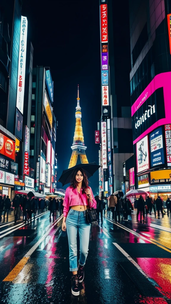 **Prompt for a Realistic Image: Sexy and Beautiful American Model in Tokyo at Night**

Create an ultra-realistic, high-resolution image of a sexy and beautiful American model wearing street casuals in the bustling city of Tokyo at night. The scene captures the vibrant energy and urban atmosphere of Tokyo.

The scene includes:
- **The model**: She is an attractive American woman with a striking appearance, wearing trendy street casual attire. , stylish crop top paired with high-waisted jeans that accentuate her , and fashionable ankle boots. Her hair is perfectly styled in loose waves, and she carries a designer handbag. Her makeup is flawless, with a confident and alluring expression as she navigates the city.
- **The city**: Neon signs and billboards light up the streets with a kaleidoscope of colors, reflecting off the wet pavement from a recent rain. The famous Shibuya Crossing is packed with people, creating a dynamic and lively atmosphere.
- **Background elements**: Skyscrapers with illuminated windows, bustling shops, and street vendors add to the urban setting. Cars and taxis with their headlights on move through the streets, and the iconic Tokyo Tower can be seen in the distance, glowing against the night sky.
- **Additional details**: Streetlights cast a warm glow, and the reflections of the city lights on the wet pavement create a vibrant, electric ambiance. Pedestrians with umbrellas move through the scene, adding motion and life to the image.

The overall composition captures the essence of Tokyo's nightlife, with the stunning model seamlessly blending into the vibrant, energetic urban environment, exuding confidence and allure.