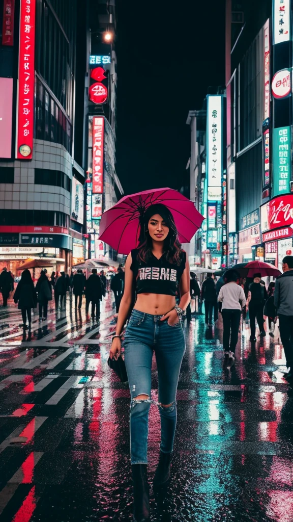 **Prompt for a Realistic Image: Sexy and Beautiful American Model in Tokyo at Night**
Create an ultra-realistic, high-resolution image of a sexy and beautiful American model wearing street casuals in the bustling city of Tokyo at night. The scene captures the vibrant energy and urban atmosphere of Tokyo.
The scene includes:
- **The model**: She is an attractive American woman with a striking appearance, wearing trendy street casual attire. , stylish crop top paired with high-waisted jeans that accentuate her , and fashionable ankle boots. Her hair is perfectly styled in loose waves, and she carries a designer handbag. Her makeup is flawless, with a confident and alluring expression as she navigates the city.
- **The city**: Neon signs and billboards light up the streets with a kaleidoscope of colors, reflecting off the wet pavement from a recent rain. The famous Shibuya Crossing is packed with people, creating a dynamic and lively atmosphere.
- **Background elements**: Skyscrapers with illuminated windows, bustling shops, and street vendors add to the urban setting. Cars and taxis with their headlights on move through the streets, and the iconic Tokyo Tower can be seen in the distance, glowing against the night sky.
- **Additional details**: Streetlights cast a warm glow, and the reflections of the city lights on the wet pavement create a vibrant, electric ambiance. Pedestrians with umbrellas move through the scene, adding motion and life to the image.
The overall composition captures the essence of Tokyo's nightlife, with the stunning model seamlessly blending into the vibrant, energetic urban environment, exuding confidence and allure.
