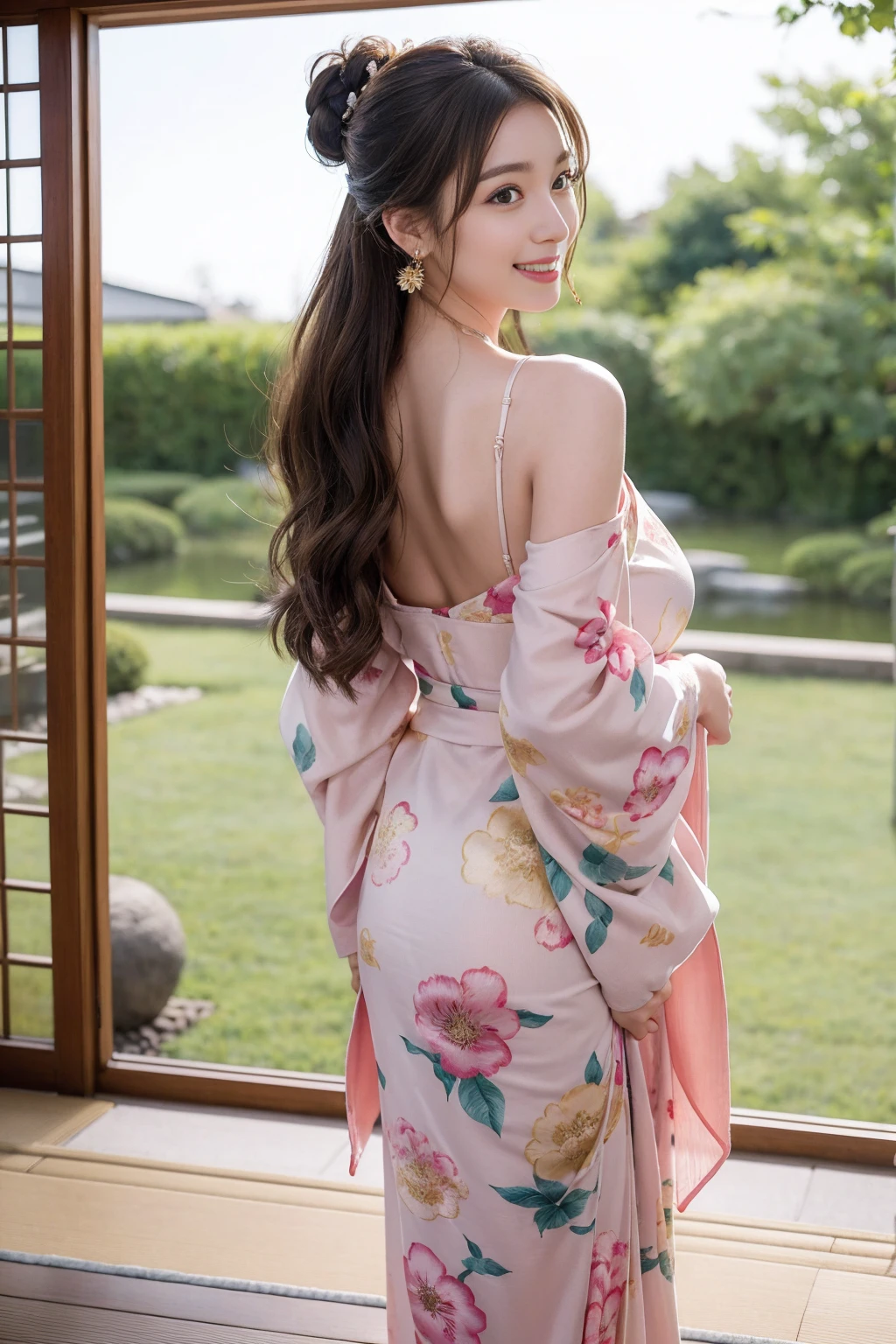 high quality,8K, Detailed facial depiction, Detailed description of the eyes,One Woman, Light brown hair(Medium-long hair),Hair tied up,Beautiful Japanese Girl,24-years-old,Cute eyes,Cute Smile,Yukata beauty,Golden floral yukata,Lace underwear,String panties,Slender body, Large, plump breast size, Long and beautiful legs,Smiling, Colorful earrings,necklace,Are standing,Beautiful nape,Japan tatami room,Feminine gestures,Dry landscape garden,wind chimes,Beautiful back view,Her yukata is open, revealing her beautiful shoulders.,Beautiful woman looking back