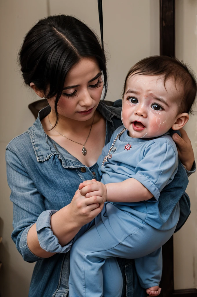 Lady ghost hanging a male crying baby