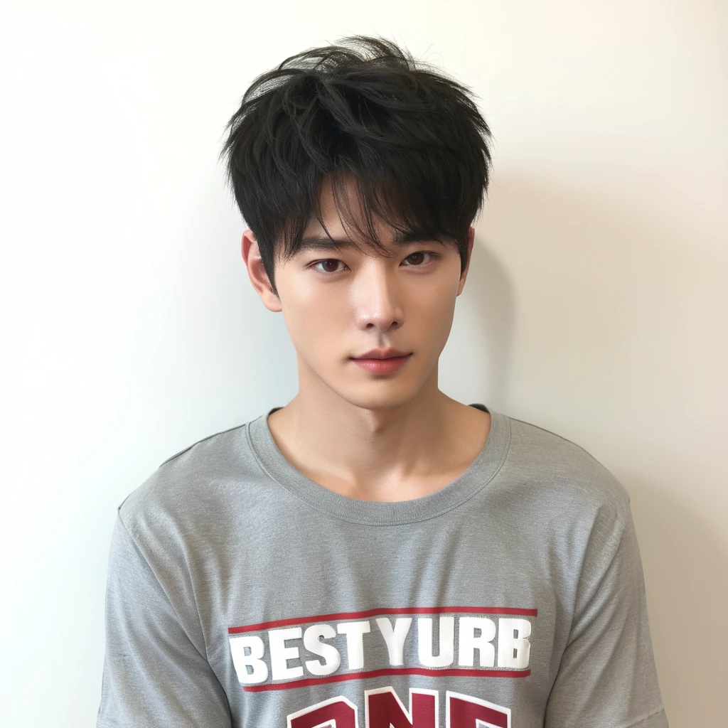 Best Quality, 8k, Masterpiece, (Portrait: 1.3), (photo realistic:1.4), (hyper realistic:1.4), Sharp Focus, looking at viewer, (smoother lighting:1.1), (increase cinematic lighting quality:0.9), realistic lighting, backlighting, light on face, ray trace, (brightening light:1.2), (Increase quality:1.4), sharp detail, (best quality real texture skin:1.4), finely detailed eyes, black_eyes, finely detailed face, 25 year old Korean man, (gray t_shirt:1.4), (Create an image maintaining the original base model hairstyle:1.5)