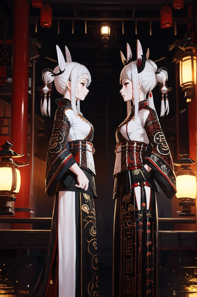 Double girl,Axisymmetric,Two girls,Black and white impermanence,Very high hat,Chinese style,The girl in black and the girl in white stand together,Dark style,Prefecture style,The Underworld风格,Close-up above the waist,Black Impermanence White Impermanence,Hanfu,Miao clothing,Chinese Miao style clothing,Hanfu,Spooky style,Picture of the couple,Axisymmetric,yin and yang,Axisymmetric,yin and yang,,The Underworld,Yin difference,