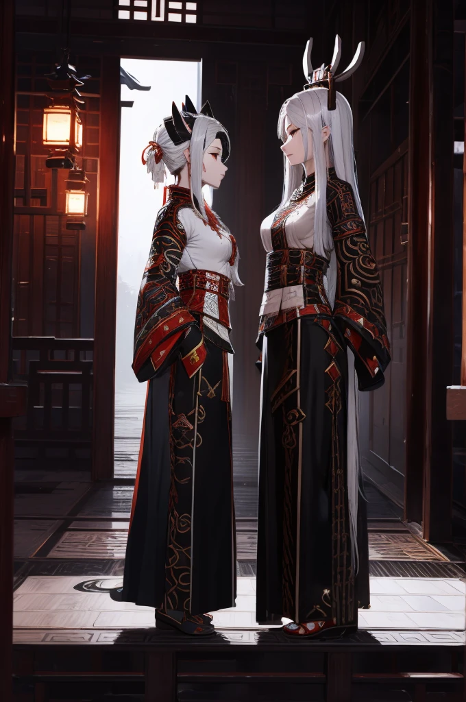 Double girl,Axisymmetric,Two girls,Black and white impermanence,Very high hat,Chinese style,The girl in black and the girl in white stand together,Dark style,Prefecture style,The Underworld风格,Close-up above the waist,Black Impermanence White Impermanence,Hanfu,Miao clothing,Chinese Miao style clothing,Hanfu,Spooky style,Picture of the couple,Axisymmetric,yin and yang,Axisymmetric,yin and yang,,The Underworld,Yin difference,