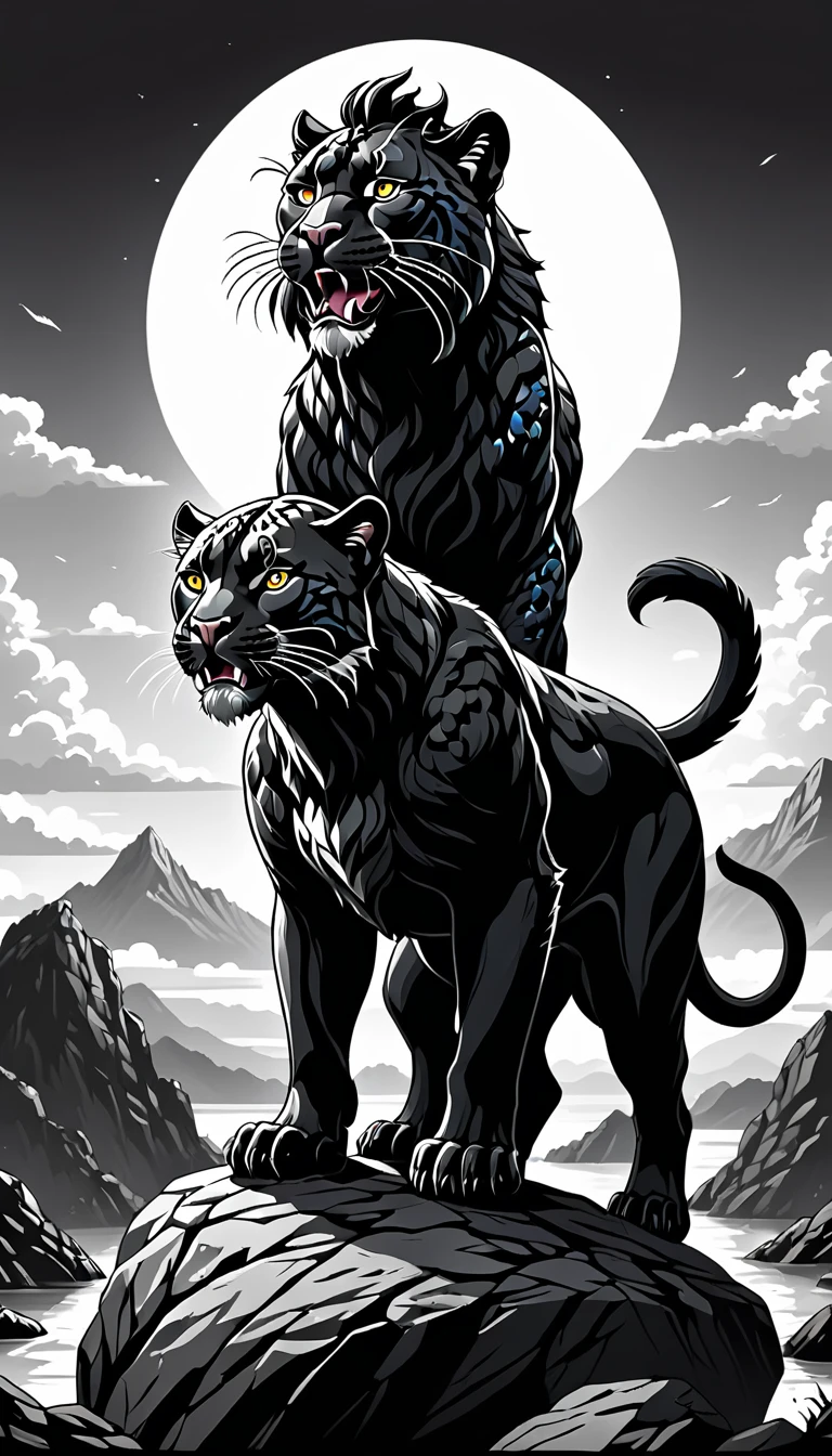 a black and white image of a panther standing on a rock with its mouth open, panther icon, panther , the man riding is on the panther ,panther , third panther head, black and white vector art, half panther , panther head, panther with crown, 2 d full body panther , highly detailed vector art, aslan the panther , black and white vector, vector art for cnc plasma, panther body, vector images, fire panther , king of the jungle, complete whole panther body, roaring