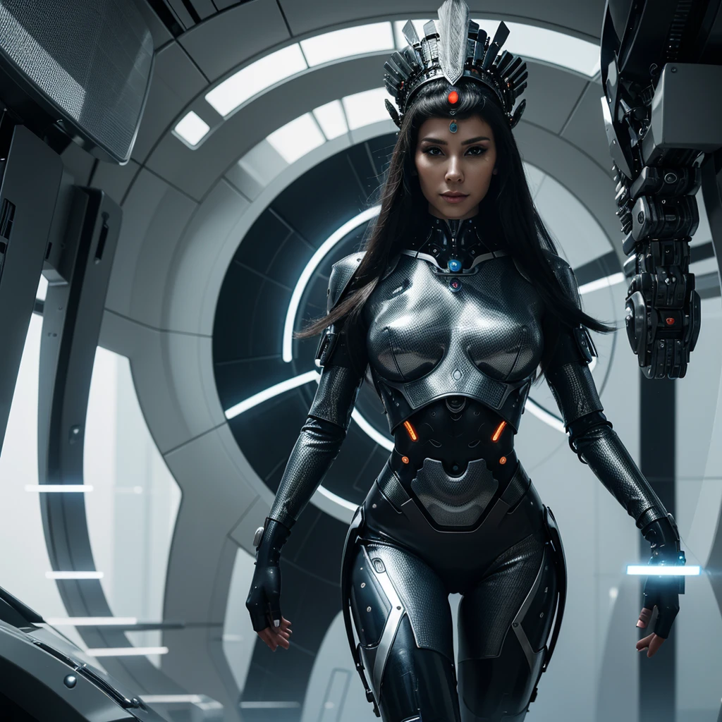 woman in headdress, on the planet, full length, seductive, very detailed visual portrait, futuristic робототехник, nice, on another planet, extremely detailed shot of the goddess, beautiful cyborg girl, Jason Angle, keyframe, anthropomorphic _ Humanoid, futuristic, realistic and high quality
