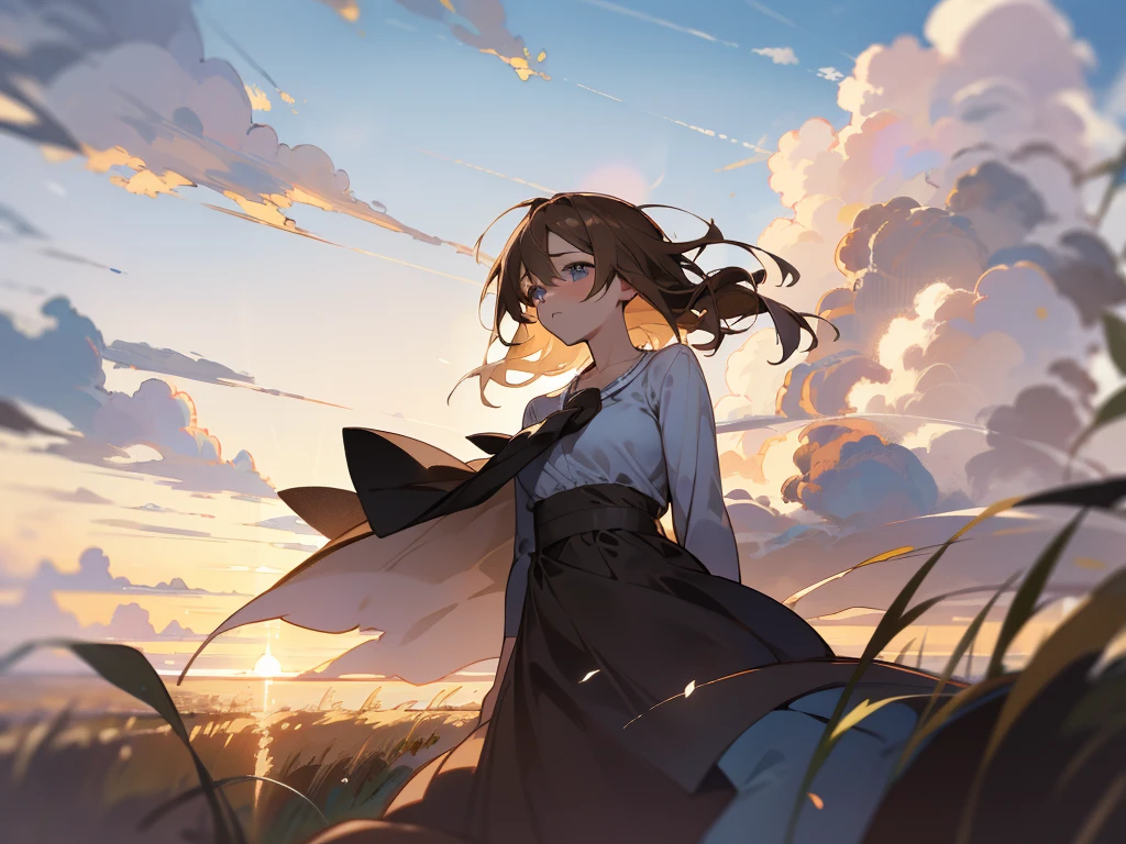medium shot,middle aged woman,fit,brown hair,blue eyes,Dress comfortably,look at the sky,morning,Beautiful lighting.,Cloudy,nature,detailed,wind