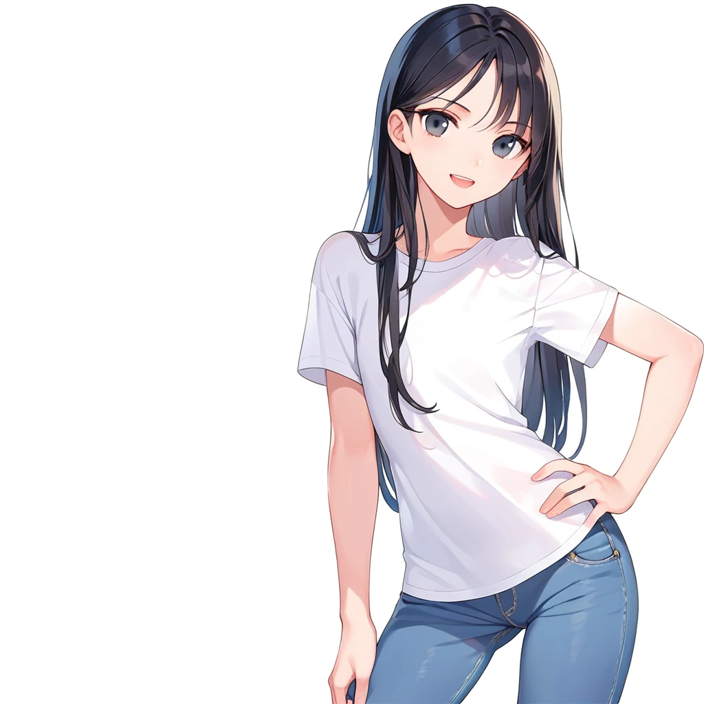 masterpiece , best quality , color , lineart , 1 girl , solo , 20 years old , flat chest , long hair , black hair , short sleeve , white tshirts , long pants , jeans , smirk , standing , hand on hip , open eyes , looking at viewer , open mouth , cowboy shot , from front , white backqround , simple backqround ,
