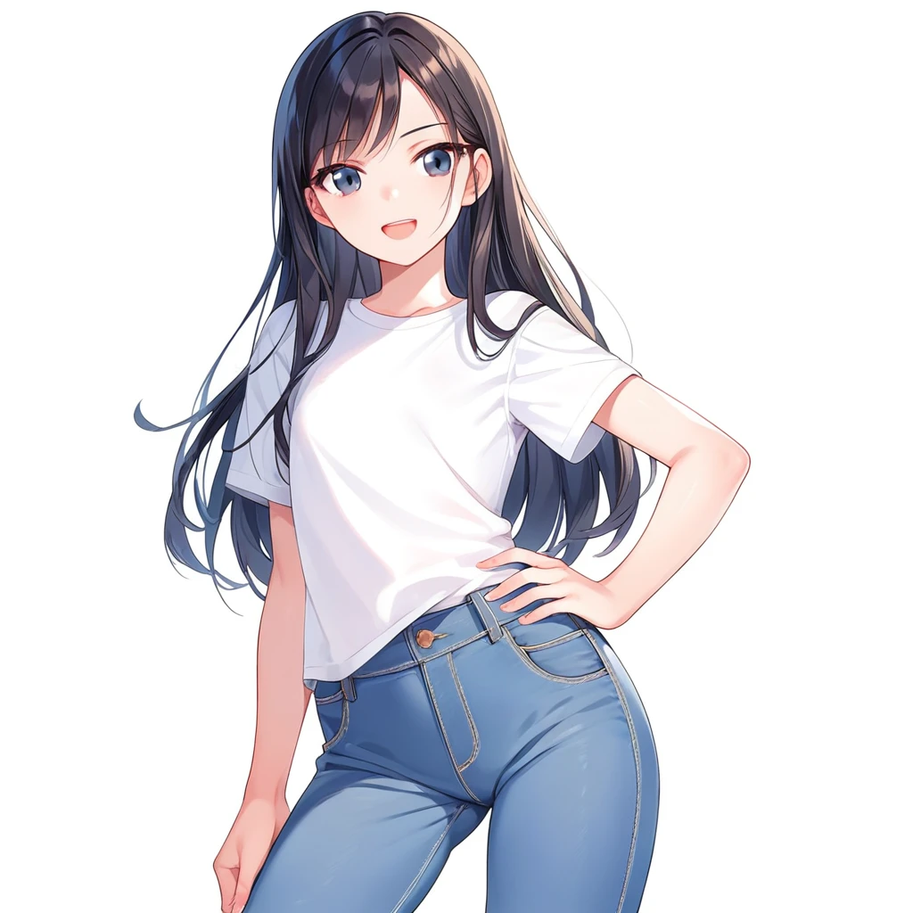 Highest quality, Detailed face, Character Sheet,(((young woman:1.5))), ((whole body:1.2)), Full of details, multiple postures and expressions, Very detailed, depth, 1 young woman, (Long black hair, Grey sexy eyes, Straight hair, White tank top, Slender figure,Medium chest, slim black jeans, White Running Shoes, Rocker Style, Sexy smile and pose,