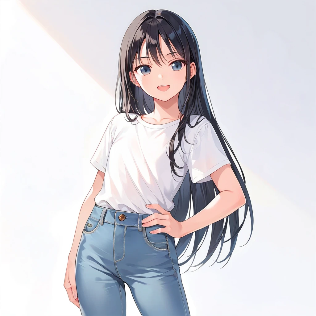 masterpiece , best quality , color , lineart , 1 girl , solo , 20 years old , flat chest , long hair , black hair , short sleeve , white tshirts , long pants , jeans , smirk , standing , hand on hip , open eyes , looking at viewer , open mouth , cowboy shot , from front , white backqround , simple backqround ,