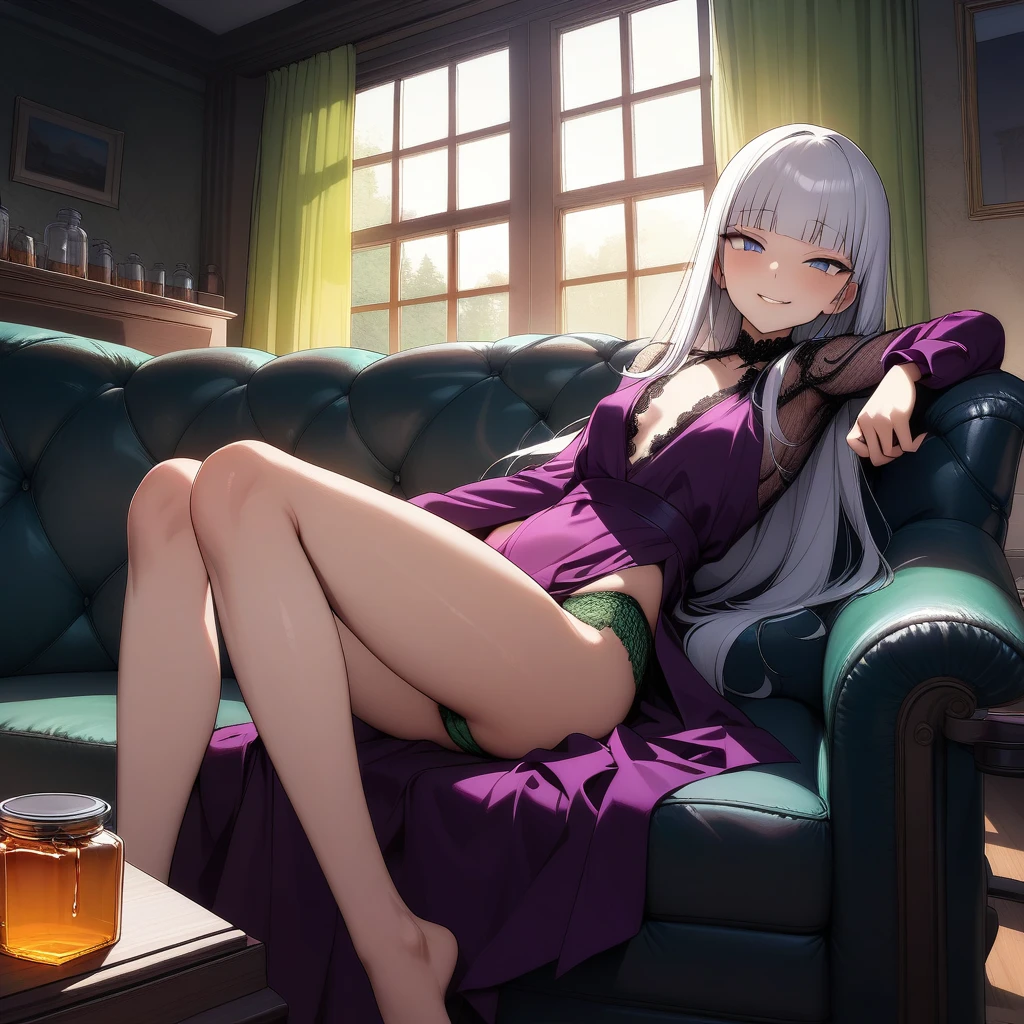 (masterpiece),(best quality),very aesthetic,(ultra-detailed),(illustration),(degenerate),very aesthetic,nsfw,1girl,,slender,long hair,silver hair,straight hair,(blunt bangs),dark blue alluring eyes,smirk,comfortable,An elegant and sophisticated outfit perfect for a party, featuring a purple velvet dress with green lace accents,long sleeves,Rough red mesh fabric from shoulder to arm,bare legs,Jar of honey,ecstasy,happy,inroom,couch,reclining,daytime,Lascivious atmosphere,fantastic atmosphere,Sunlight shining through the window,forest landscape,backlighting,Lace curtains flutter in the wind,Toxic green colored lace panties,Old furnishings,dusty room