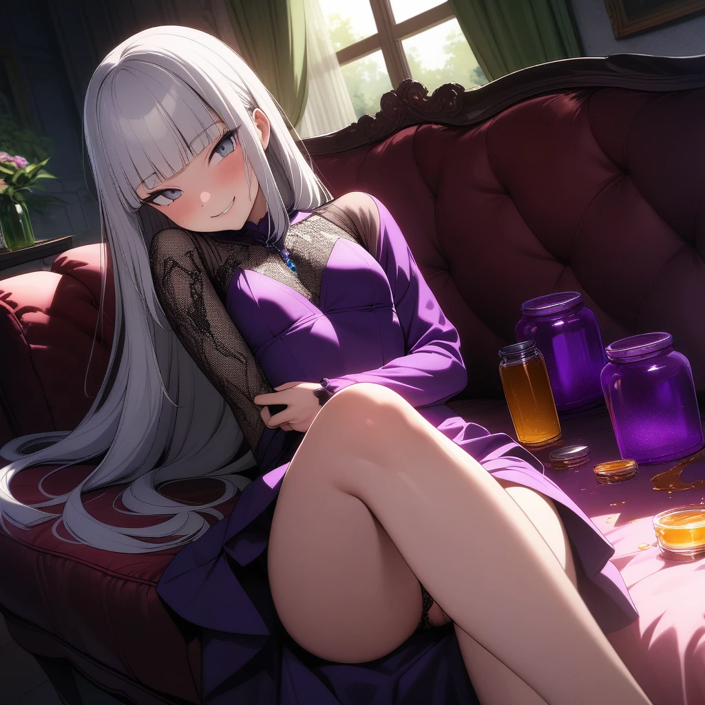 (masterpiece),(best quality),very aesthetic,(ultra-detailed),(illustration),(degenerate),very aesthetic,nsfw,1girl,,slender,long hair,silver hair,straight hair,(blunt bangs),dark blue alluring eyes,smirk,comfortable,An elegant and sophisticated outfit perfect for a party, featuring a purple velvet dress with green lace accents,long sleeves,Rough red mesh fabric from shoulder to arm,bare legs,Jar of honey,ecstasy,happy,inroom,couch,reclining,daytime,Lascivious atmosphere,fantastic atmosphere,Sunlight shining through the window,forest landscape,backlighting,Lace curtains flutter in the wind,Toxic green colored lace panties,Old furnishings,dusty room