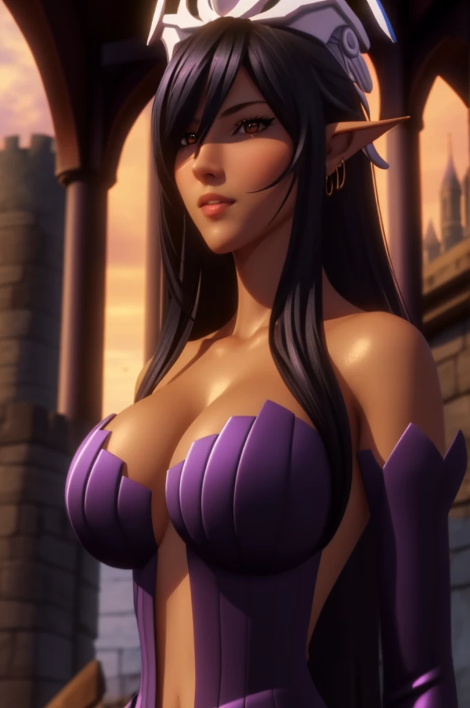 (twilight), many tall castles,tower,cloudy sky,In the background,
Standing at attention,on the street,
elbow gloves,bare shoulders,purple outfit,armor,thigh high,(white_headdress:1.1),
jewelry,long pointed ears,dark-skinned woman,dark Elf,earrings,
black hair,long hair,hair over one eye,bang,orange eyes,
1 girl, 20 years,young woman,Beautiful Finger,Beautiful long legs,Beautiful body,Beautiful Nose,Beautiful character design, Perfect eyes, perfect face,expressive eyes,
Looking at the viewer, in the center of the image,(upper_body),(Focus on her face),from_Front,
official art,чрезвычайно подробные обои CG Unity 8k, perfect lighting,Colorful, bright_Front_face_lighting,shiny skin,
(masterpiece:1.0),(best_quality:1.0), Ultra high resolution,4K,ultra detailed,
photo, 8 k, HDR, A high resolution, absurdity:1.2, 400 for the Kodak port, Granularity, blurred background, hips:1.2, lens flare, (bright_color:1.2)
(Beautiful,big_breast:1.4), (Beautiful_face:1.5),(narrow_waist),