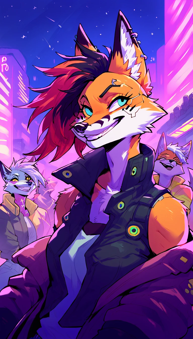 score_9, score_8_up, score_7_up, cyberpunk city, downtown ally, midnight, crowd on background, starry night, happy, joyful, ,

((fox:1.2), anthro, female, colorfull fur, short punk haircut, beautiful, wearing a cyberpunk-style augmentations, joyful, grin)