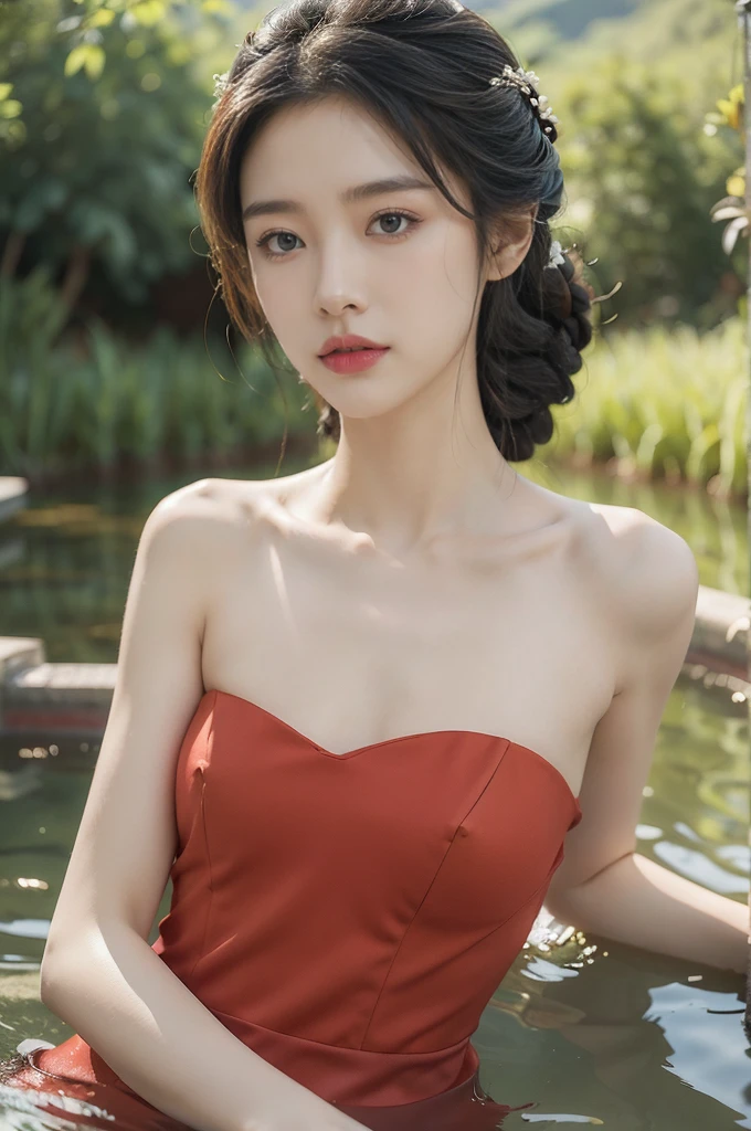 (((best quality))),(((ultra detailed))),(((masterpiece))),illustration,1 beautiful girl,slim,flat chest,short red qipao,bare arms,sitting in paddy pool,upper body,elegant, clear sky, sunlight, dreamy, contrast, natural,Chinese rural landscape,The body below the neck is in water