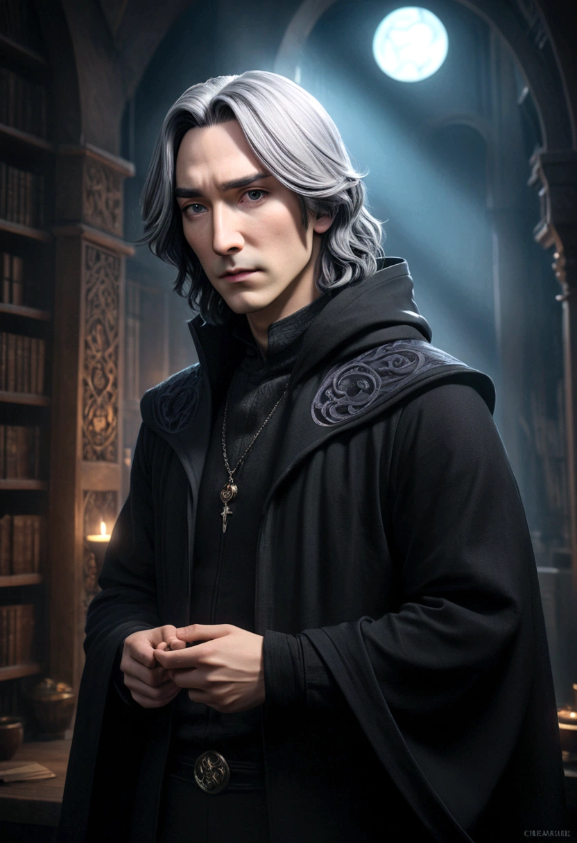 comic eur - style image of a young severus snape in a hoodedie looking at a man in a hoodedie, korean art nouveau anime, tall anime guy with black eyes, delicate androgynous prince, cloaked, beautiful androgynous prince, official art, aesthetic award winning gothic, screenshot from guro anime, white haired deity, ethereal anime, anime art nouveau cosmic display , ultra-detailed,(realistic,photorealistic,photo-realistic:1.37),cinematic lighting,dramatic shadows,dark fantasy,moody atmosphere,chiaroscuro style , dark academia aesthetic