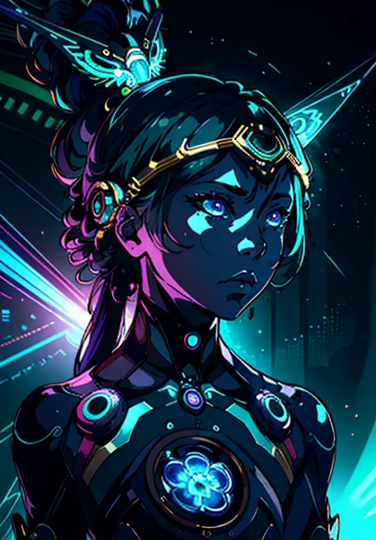 portrait | wide angle shot of eyes off to one side of frame, lucid dream-like woman, looking off in distance ::8 style | daydreampunk with glowing skin and eyes, styled in headdress, beautiful, she is dripping in neon lights, very colorful blue, green, purple, bioluminescent, glowing ::8 background | forest, vivid neon wonderland, particles, blue, green, purple ::7 parameters | rule of thirds, golden ratio, assymetric composition, hyper- maximalist, octane render, photorealism, cinematic realism, unreal engine, 8k