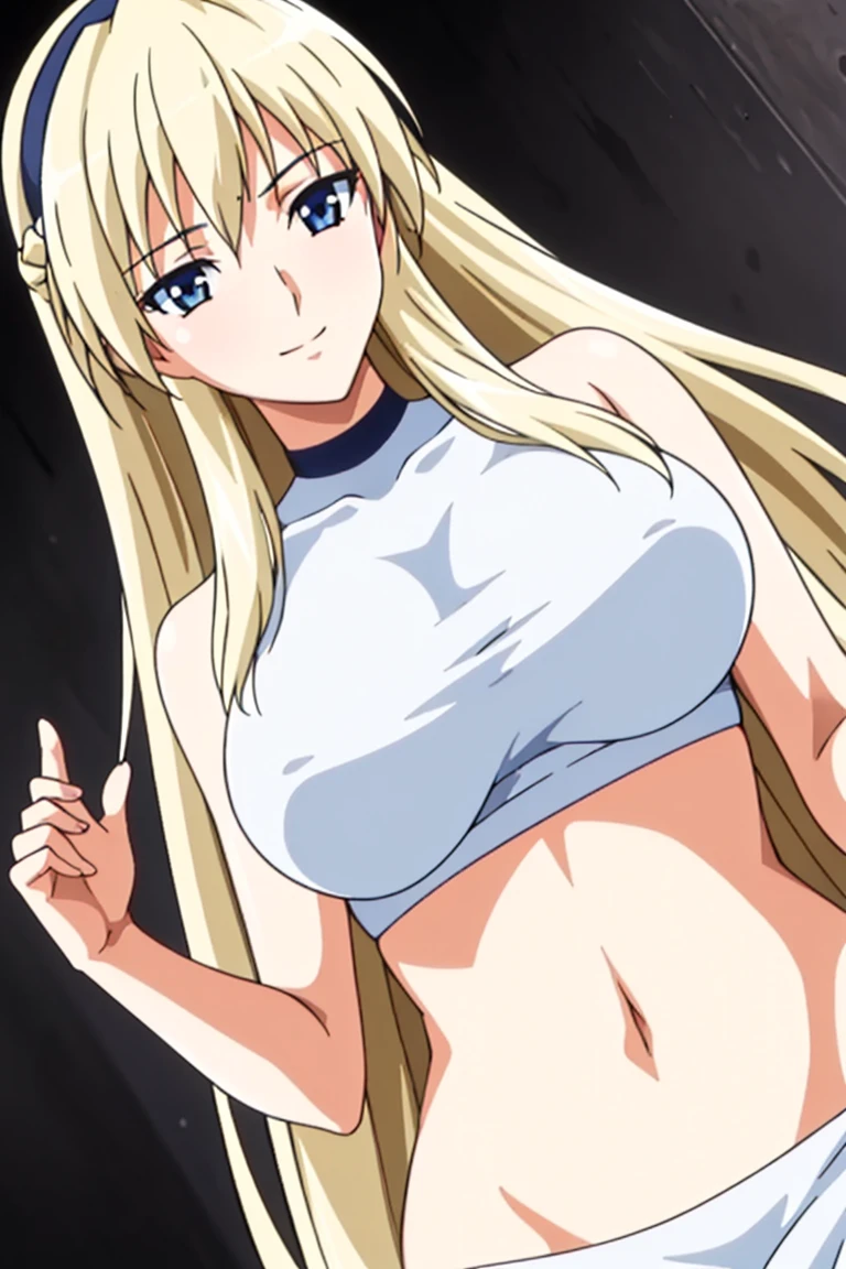 Simple White Background,Standing, at attention,
navel,halterneck,crop top,bare shoulders,
bangs,blonde hair,hair between eyes, hairband, long hair,Blue_Eyes,
1 girl, 20yo,Young female,Beautiful Finger,Beautiful long legs,Beautiful body,Beautiful Nose,Beautiful character design, perfect eyes, perfect face,expressive eyes,perfect balance,
looking at viewer,(Focus on her face),closed mouth, (innocent_big_eyes:1.0),Light_Smile,
official art,extremely detailed CG unity 8k wallpaper, perfect lighting,Colorful, Bright_Front_face_Lighting,shiny skin,
(masterpiece:1.0),(best_quality:1.0), ultra high res,4K,ultra-detailed,
photography, 8K, HDR, highres, absurdres:1.2, Kodak portra 400, film grain, blurry background, bokeh:1.2, lens flare, (vibrant_color:1.2),professional photograph,
(Beautiful,large_:1.4), (beautiful_face:1.5),(narrow_waist),