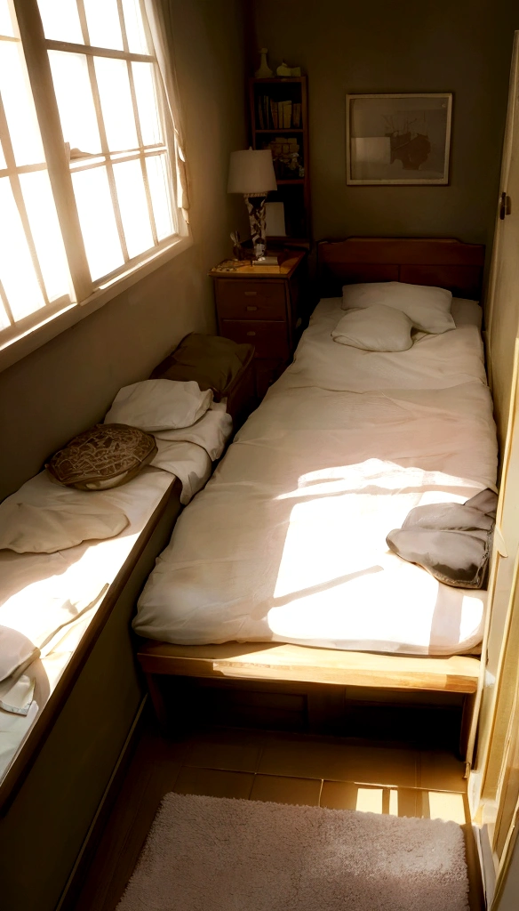 bedroom background, simply, little dark , sunlight, poor indoor