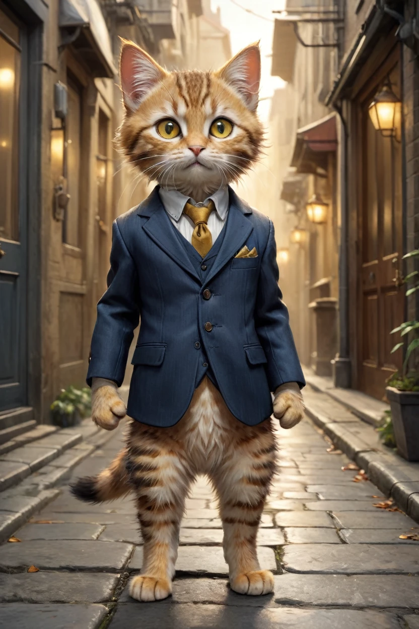  small, かわいいbornき物, Wearing a suit, whole body, , Are standing, Costumes,  Fantasy art, Exquisite detail, Jean-Baptiste Monge Style, office Street、Alan Lee Style, Anthropomorphic yellow-eyed tabby furry kitten, Movie Scenes, Dramatic shot angles, , Realistic, born々Amazing cinematic photorealism, Action Portrait, 8K, detailed, Full Frame