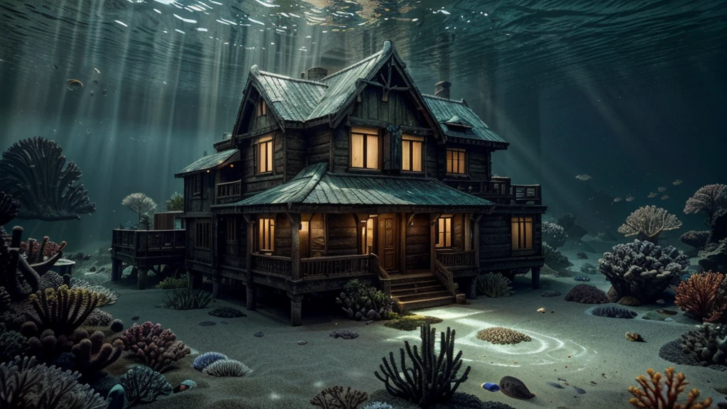 There is a house at the bottom of the ocean, surrounded by marine life. Light breaks through the water, creating mystical lighting. The house is partially covered with seaweed and coral, emphasizing its prolonged stay underwater. A variety of fish and other marine life swim around.
Details for creating a picture:
Main object:
A house with traditional architecture, possibly with visible windows and doors.
The house is weathered with elements of corrosion and fouling by algae and corals.
Ambient:
Ocean floor, covered with sand and stones.
Marine flora: algae, sea grass, kelp.
Marine fauna: various types of fish, maybe small sharks, jellyfish.
Lighting & Atmosphere:
Scattered light penetrating through the water from above, creating soft light rays.
Shadows and depth, giving the image realism.
Bluish and greenish shades, characteristic of the underwater environment.
Additional elements (Optional):
Shipwrecks or old chests in the distance to add ambience.
Little air bubbles rising from the house.
Style and mood:
Realistic style with high detail.
Mystical and slightly mysterious atmosphere.
Combination of modern and natural.
Technical specifications:
High resolution.
Realistic stylization.
Detailed elements of the house and the underwater world.
Effective use of light and shadow to create depth and realism.