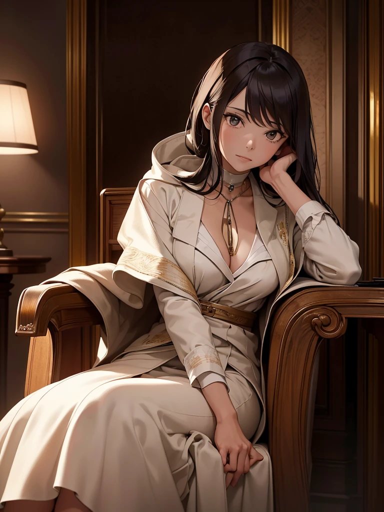 (masterpiece、top-quality、hight resolution), In a hotel room, a mature woman and a younger man are seated together, engaging in a serious conversation. The woman, appearing slightly nervous yet composed, is making the final confirmation. She says, "I know I'm older and might seem like an aunt to you, but are you really okay with this? Your first time being with someone like me...". The setting is intimate, with the woman sitting close to the man, who is attentively listening. The room's ambiance is cozy and private, highlighting the moment's significance and their emotional connection. (nsfw, 30 years old, bathrobe)