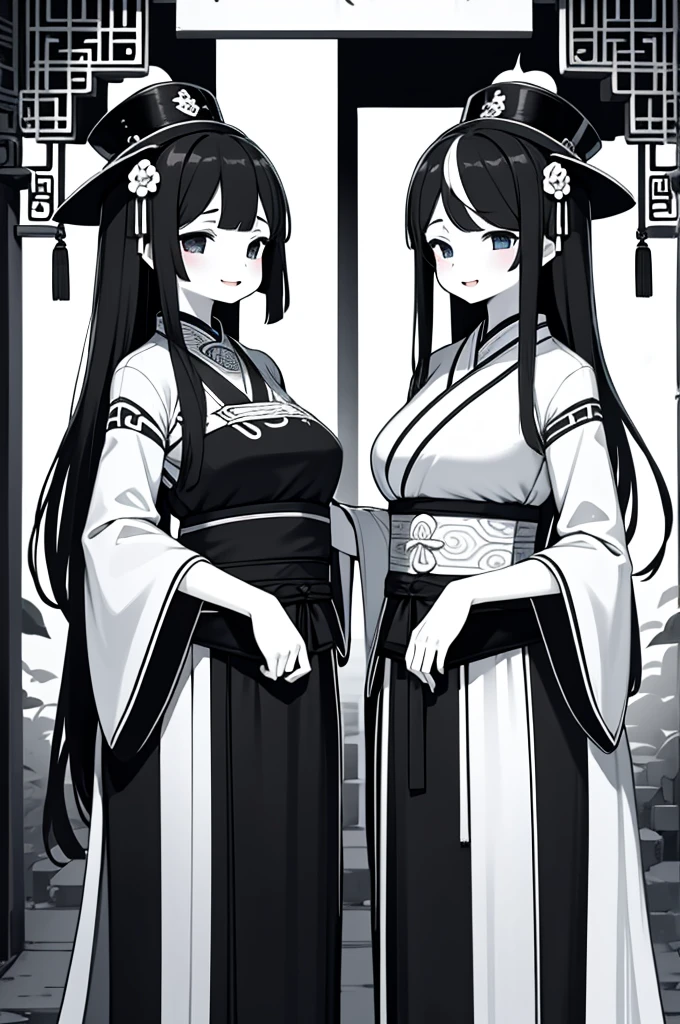 Double girl，Axisymmetric，Two girls，Black and white impermanence，Very high hat，Chinese style，The girl in black and the girl in white stand together，Dark style，Prefecture style，The Underworld风格，Close-up above the waist，Black Impermanence White Impermanence，Hanfu，Miao clothing，Chinese Miao style clothing，Hanfu，Spooky style，Picture of the couple，Axisymmetric，yin and yang，Axisymmetric，yin and yang，，The Underworld，Yin difference，Girl looking at the camera