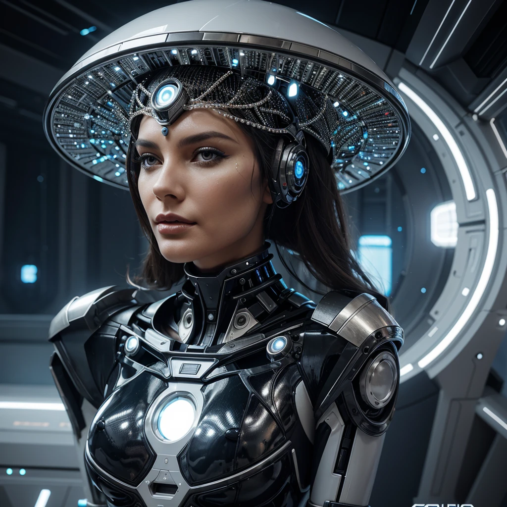 woman in headdress, on the planet, full length, seductive, very detailed visual portrait, futuristic робототехник, nice, on another planet, extremely detailed shot of the goddess, beautiful cyborg girl, Jason Angle, keyframe, anthropomorphic _ Humanoid, futuristic, realistic and high quality 