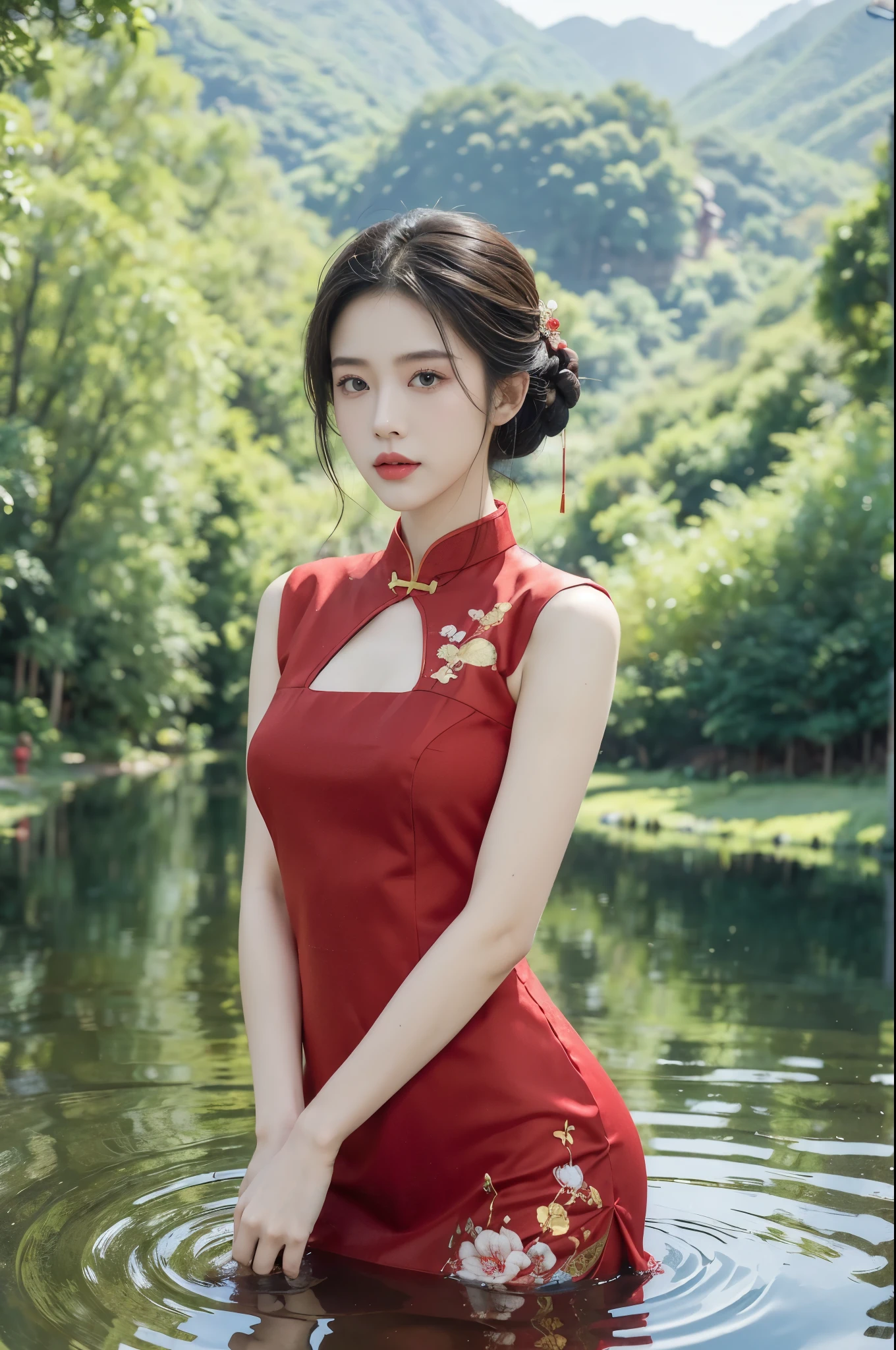 (((best quality))),(((ultra detailed))),(((masterpiece))),illustration,1 beautiful girl,slim,flat chest,short red qipao,bare arms,standing in paddy pool,upper body,elegant, clear sky, sunlight, dreamy, contrast, natural,Chinese rural landscape,The body below the neck is in water