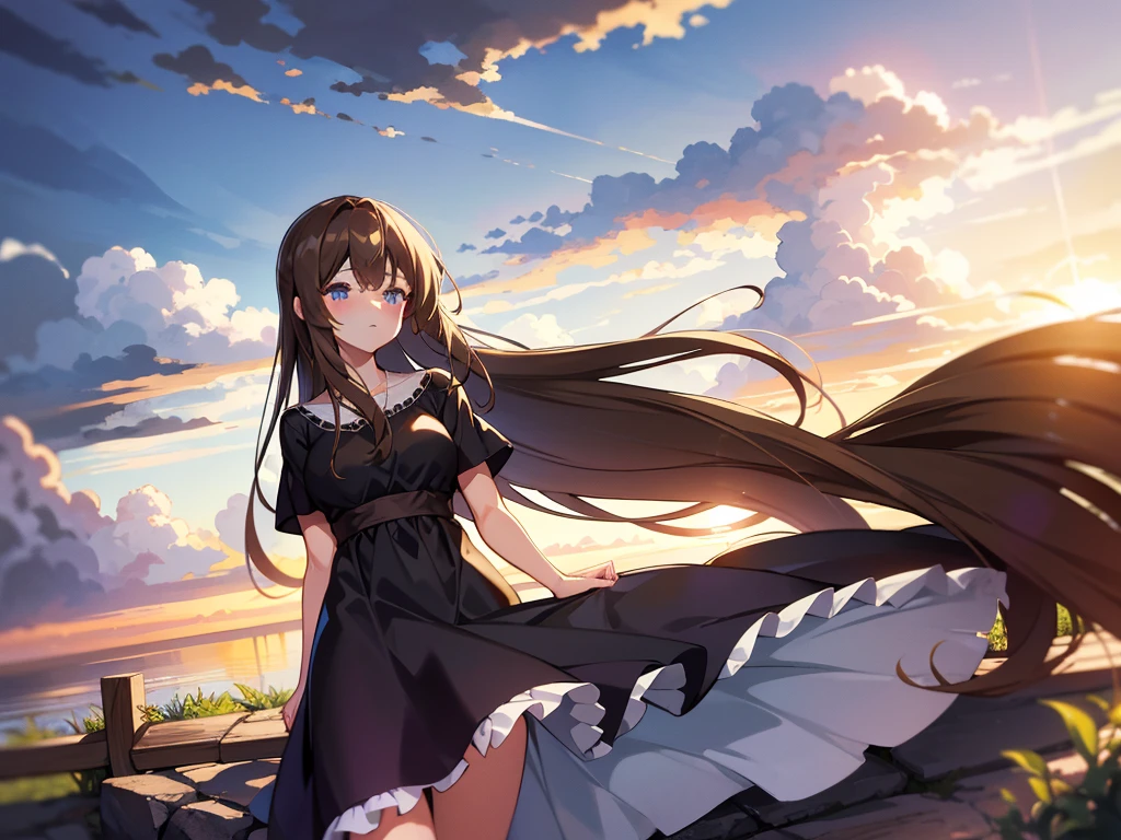 medium shot,middle aged woman,fit,long hair,brown hair,blue eyes,Dress comfortably,look at the sky,morning,Beautiful lighting.,Cloudy,nature,detailed,wind