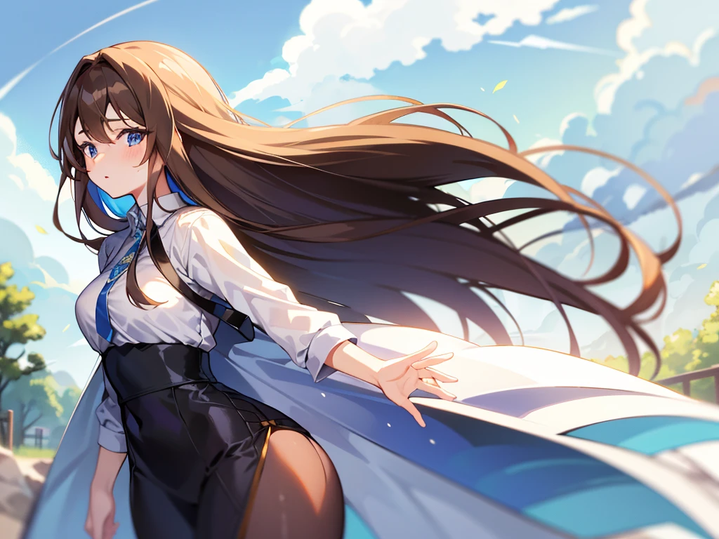 medium shot,middle aged woman,fit,long hair,brown hair,blue eyes,Dress comfortably,look at the sky,morning,Beautiful lighting.,Cloudy,nature,detailed,wind