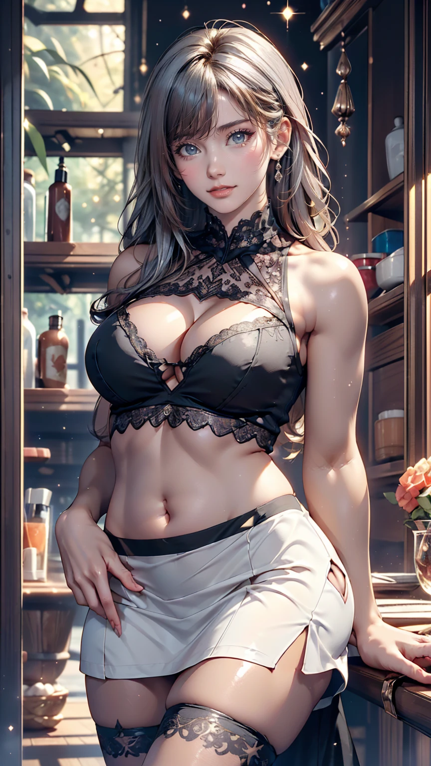 8K, RAW Photos, Realistic: 1.25), (Lip gloss, eyelash, Glossy face, Shiny skin, Highest quality, Ultra-high resolution, Depth of written boundary, chromatic aberration, Caustics, Moisturized lips, Super Trimmed Face, Sparkling, detailed eyes, Black Hair, semi-long, fashionable, Tight knit dress, thin、24 year old Caucasian female、Sexy proportions、Narrow waist、Silver Hair、Black lace-embellished front cut-out((front cutout))Tops、I can see my belly button、Low rise lace-embellished mini skirt、Wear stiletto heels