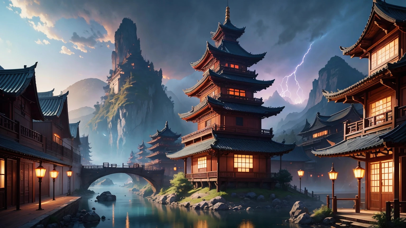 ((Masterpiece)), (8k, high resolution), (best quality), ultra detailed, (purple lighting), chinese architecture, ancient chinese town, cinematic lighting, thunder and lightning, onmyoji detailed art, concept art magic highlights, background artwork, league of legends concept art, magic backgrounds, background art, enter the ethereal realm, league of legends concept art, riot games concept art, glowing concept art, mysterious temple setting, magical concept art, odin's stone arena background, traditional chinese concept art, anime landscape concept art, onmyoji detailed art, japanese town, concept art amazing atmosphere, beautiful concept art, 2.5 d cgi anime fantasy artwork, bustling magic town, dreamy china town, colorful fox town, beautiful concept art