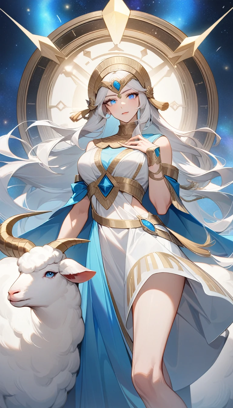 (Huang Li、high quality、Extremely detailed),Zodiac sign- Aries goddess,Giant white sheep,Woman stroking Aries,Similar to Latin goodness,brave,capricious,Productivity,The face of enterprising and humanitarianism,White long hair,Ancient Greek costumes、Wrap Dress,The background is the universe,Crystal blue eyes(Eyes Details),Powerful appearance
