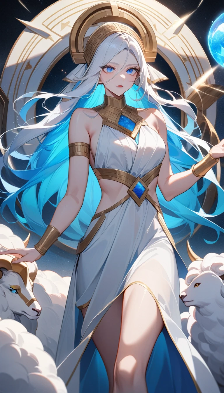 （Huang Li、high quality、Extremely detailed），Zodiac sign- Aries goddess，Giant white sheep，Woman stroking Aries，Similar to Latin goodness，brave，capricious，Productivity，The face of enterprising and humanitarianism，White long hair，Ancient Greek costumes、Wrap Dress，The background is the universe，Crystal blue eyes（Eyes Details），Powerful appearance