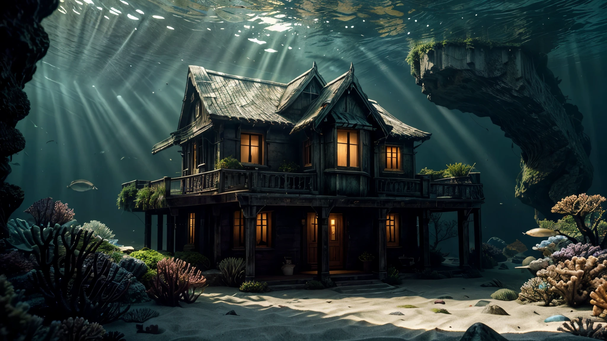 There is a house at the bottom of the ocean, surrounded by marine life. Light breaks through the water, creating mystical lighting. The house is partially covered with seaweed and coral, emphasizing its prolonged stay underwater. A variety of fish and other marine life swim around.

Details for creating a picture:

Main object:

A house with traditional architecture, possibly with visible windows and doors.
The house is weathered with elements of corrosion and fouling by algae and corals.
Ambient:

Ocean floor, covered with sand and stones.
Marine flora: algae, sea grass, kelp.
Marine fauna: various types of fish, maybe small sharks, jellyfish.
Lighting & Atmosphere:

Scattered light penetrating through the water from above, creating soft light rays.
Shadows and depth, giving the image realism.
Bluish and greenish shades, characteristic of the underwater environment.
Additional elements (Optional):

Shipwrecks or old chests in the distance to add ambience.
Little air bubbles rising from the house.
Style and mood:

Realistic style with high detail.
Mystical and slightly mysterious atmosphere.
Combination of modern and natural.
Technical specifications:

High resolution.
Realistic stylization.
Detailed elements of the house and the underwater world.
Effective use of light and shadow to create depth and realism.